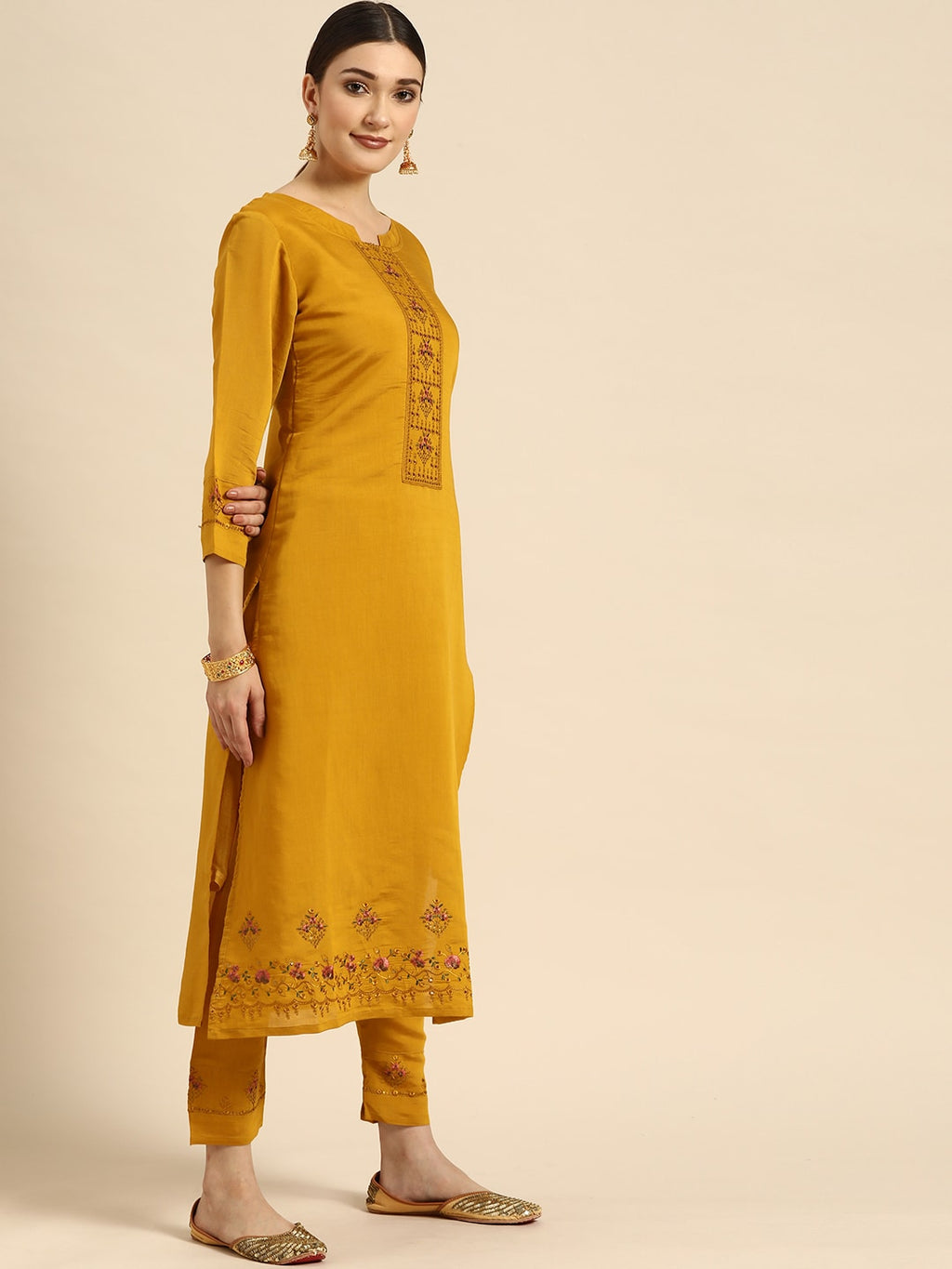 Sangria Women Mustard Yellow & Green Ethnic Motifs Embroidered Cotton Kurta Set