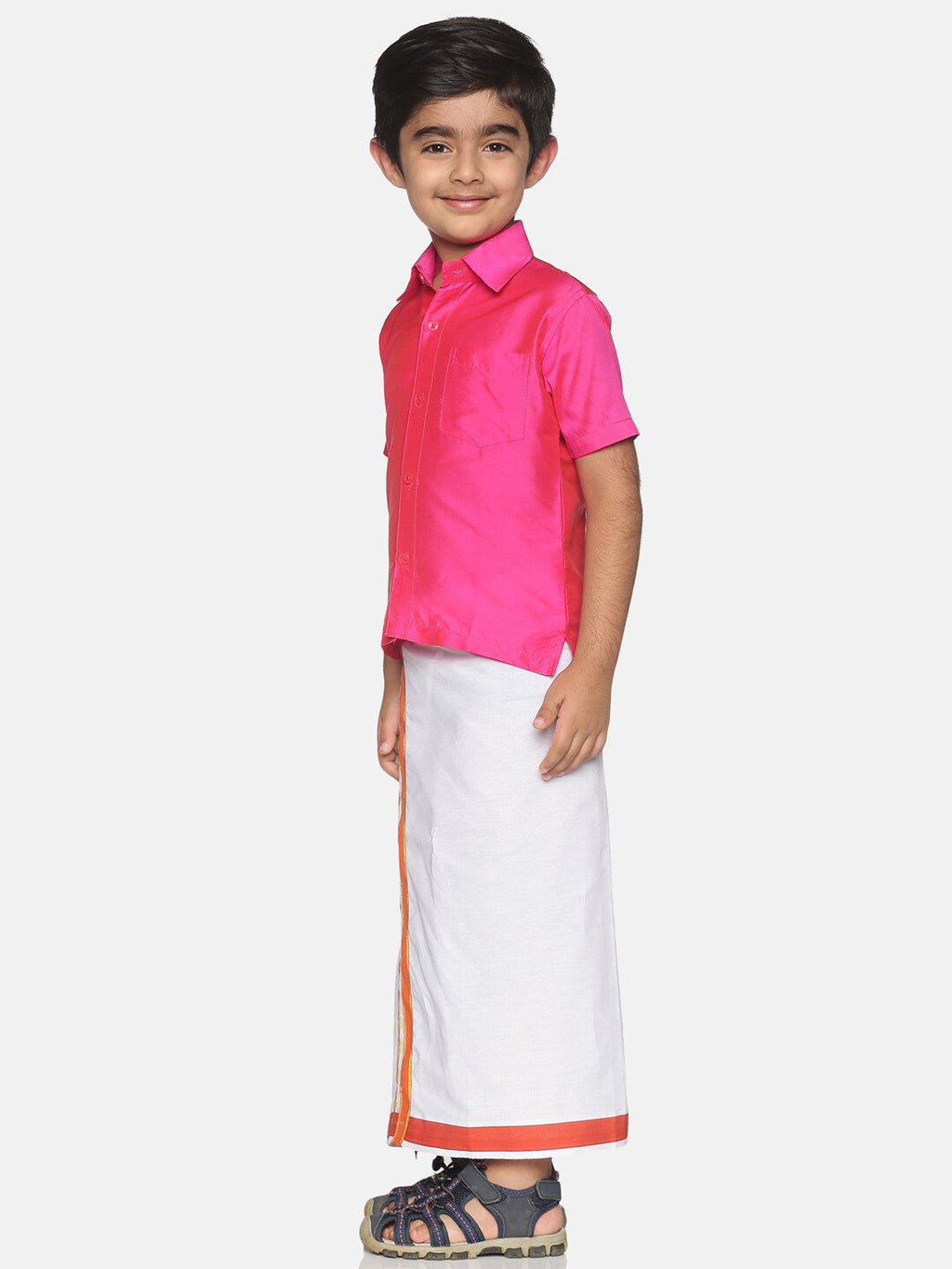 Sethukrishna Pink & White Solid Shirt with Veshti Set For Boys