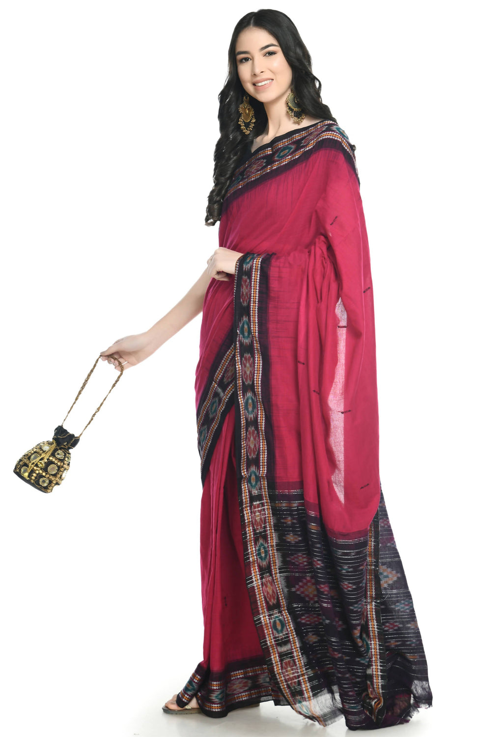 Vamika Sambalpuri Ikat Cotton Rekhabala Buti Magenta & Black Saree