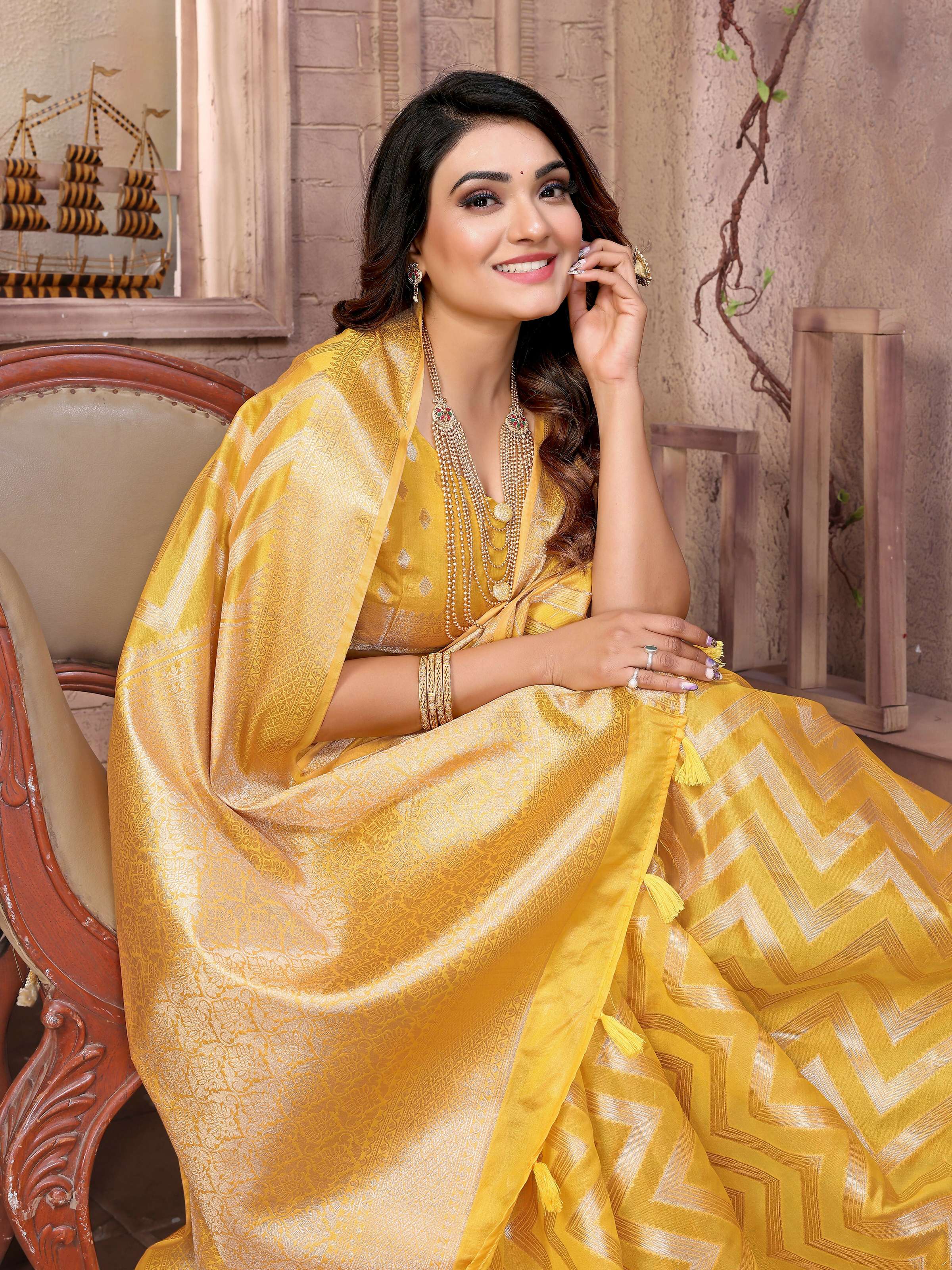 Aastha Fashion Yellow Soft Organza Silk Weaving Saree - Distacart