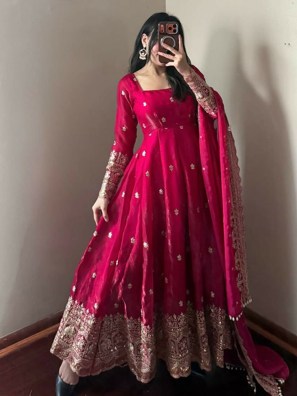 Teeya Creation Red Fendy Silk Designer Heavy Work Wedding Wear Long Gown - Distacart