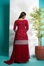 Aayaa Designer Faux Gorgette Embroidery Zari Sequins Thread work Full Flaired plazzo Suit with Dupatta - Maroon