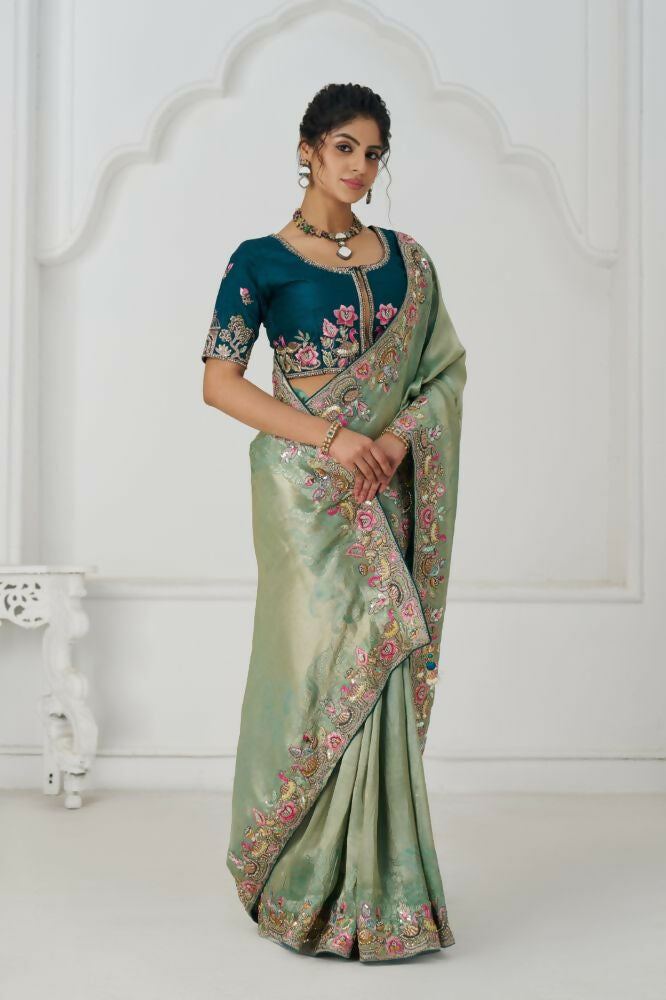 Kesar Fab Trending Reception Green Color With Multi-Thread Embroidery Saree