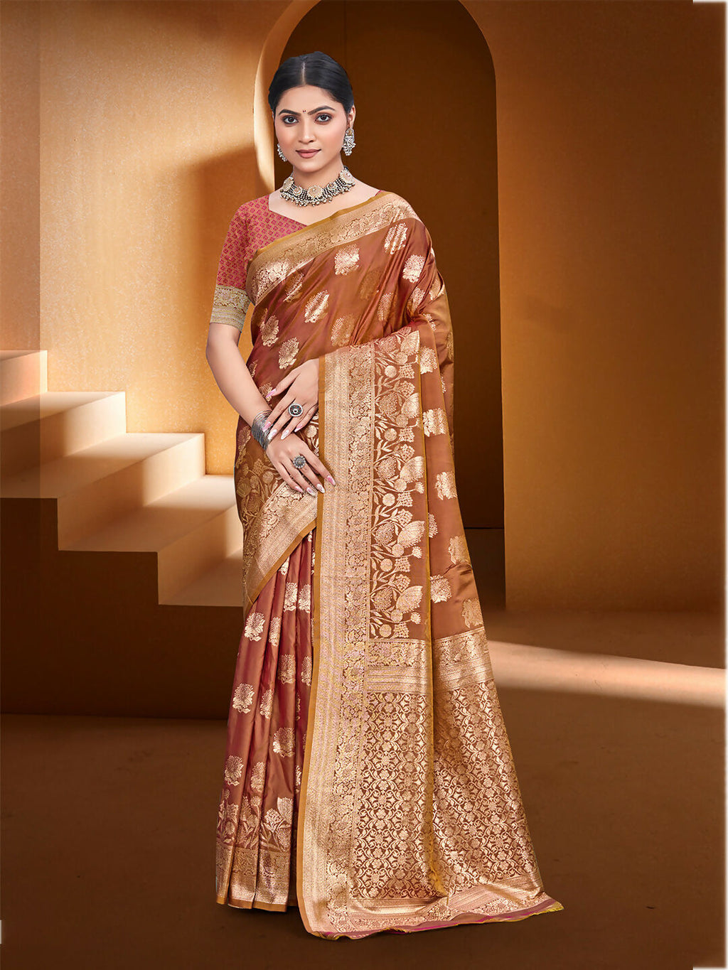 Sangam Prints Rust Orange Silk Woven Work Traditional Saree
