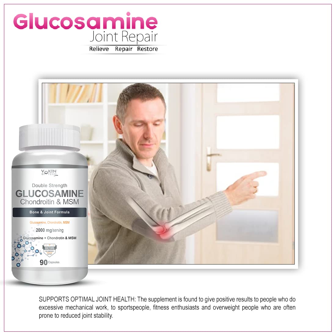 Vokin Biotech Glucosamine 1000mg, MSM 500mg & Chondroitin 500mg Support Joint Pain & Joint Strength (Glucosamine)