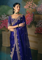 Monjolika Fashion Fancy Fabric Embroidered Saree in Royal Blue - Distacart