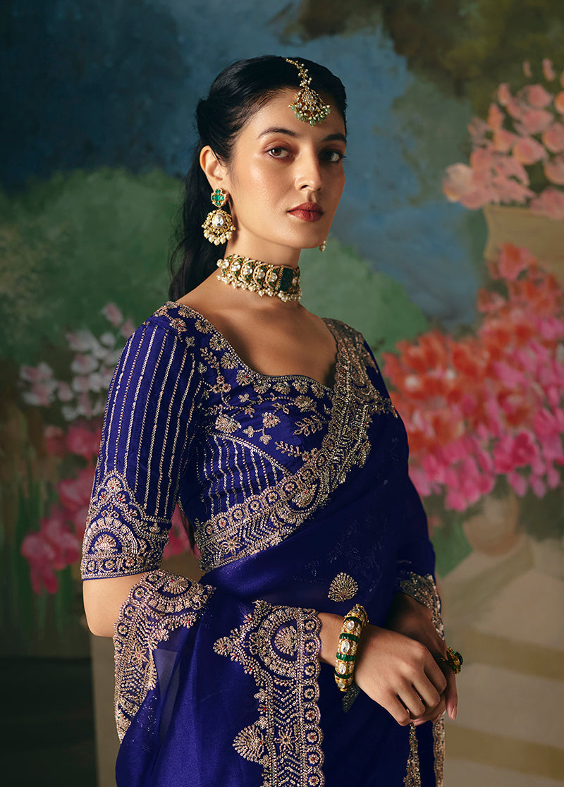 Monjolika Fashion Fancy Fabric Embroidered Saree in Royal Blue - Distacart