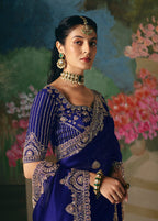 Monjolika Fashion Fancy Fabric Embroidered Saree in Royal Blue - Distacart