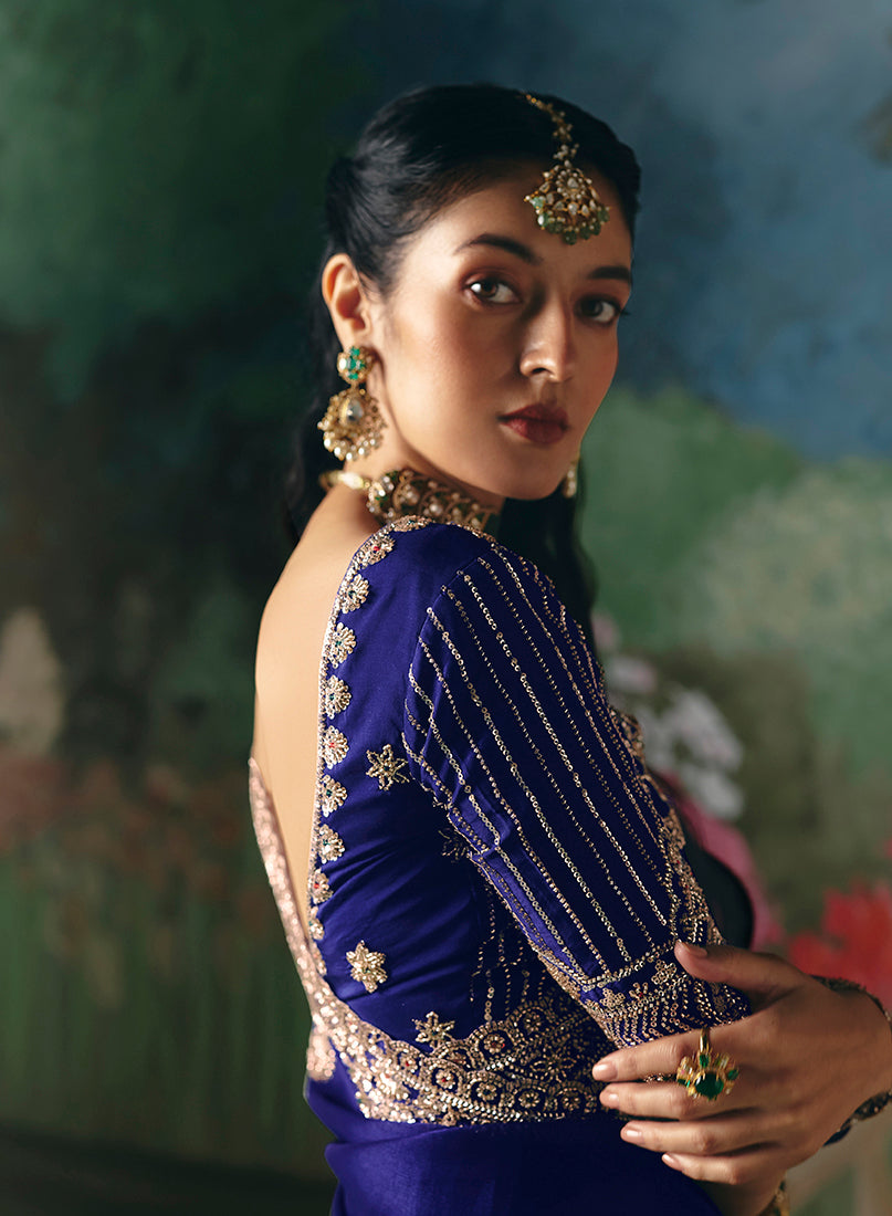 Monjolika Fashion Fancy Fabric Embroidered Saree in Royal Blue - Distacart