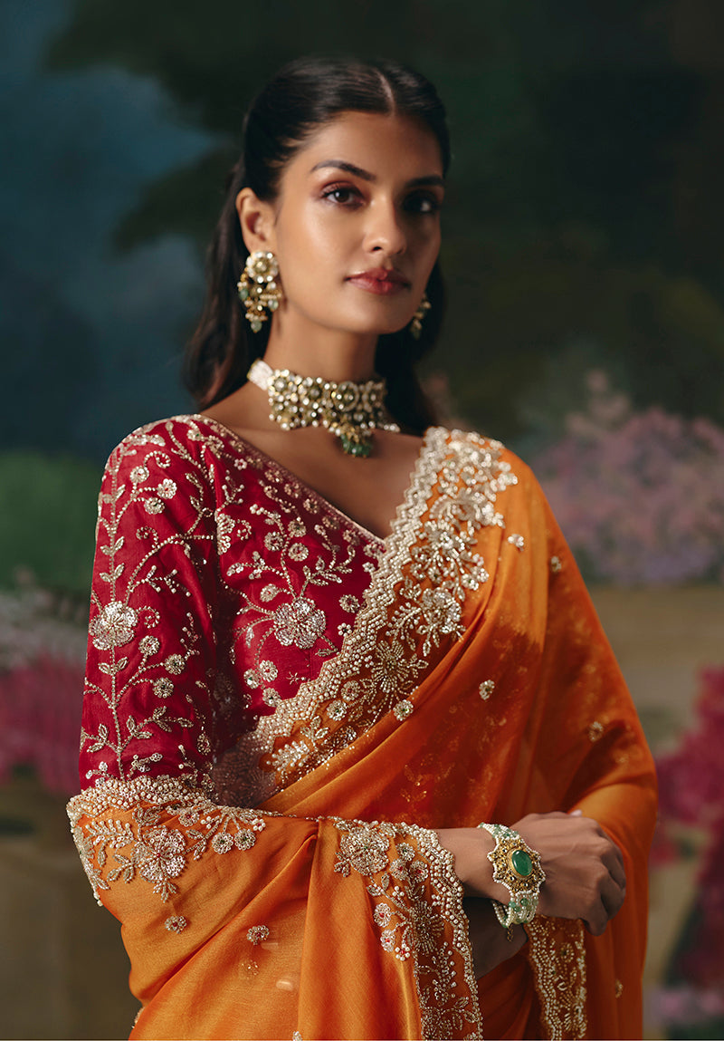 Monjolika Fashion Fancy Fabric Embroidered Saree in Orange - Distacart