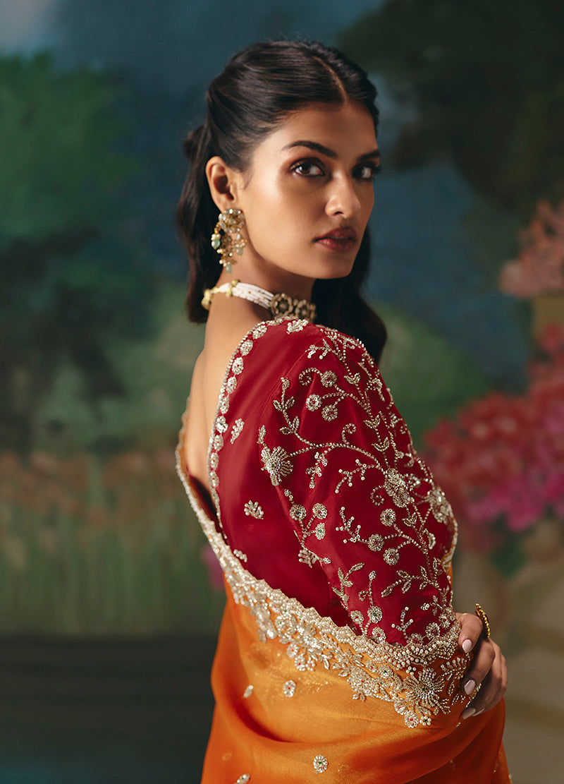 Monjolika Fashion Fancy Fabric Embroidered Saree in Orange - Distacart