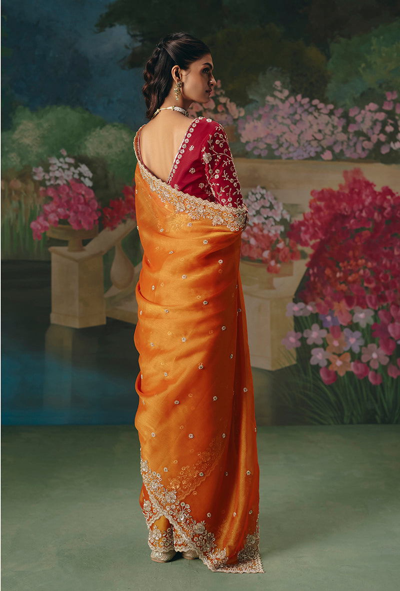 Monjolika Fashion Fancy Fabric Embroidered Saree in Orange - Distacart