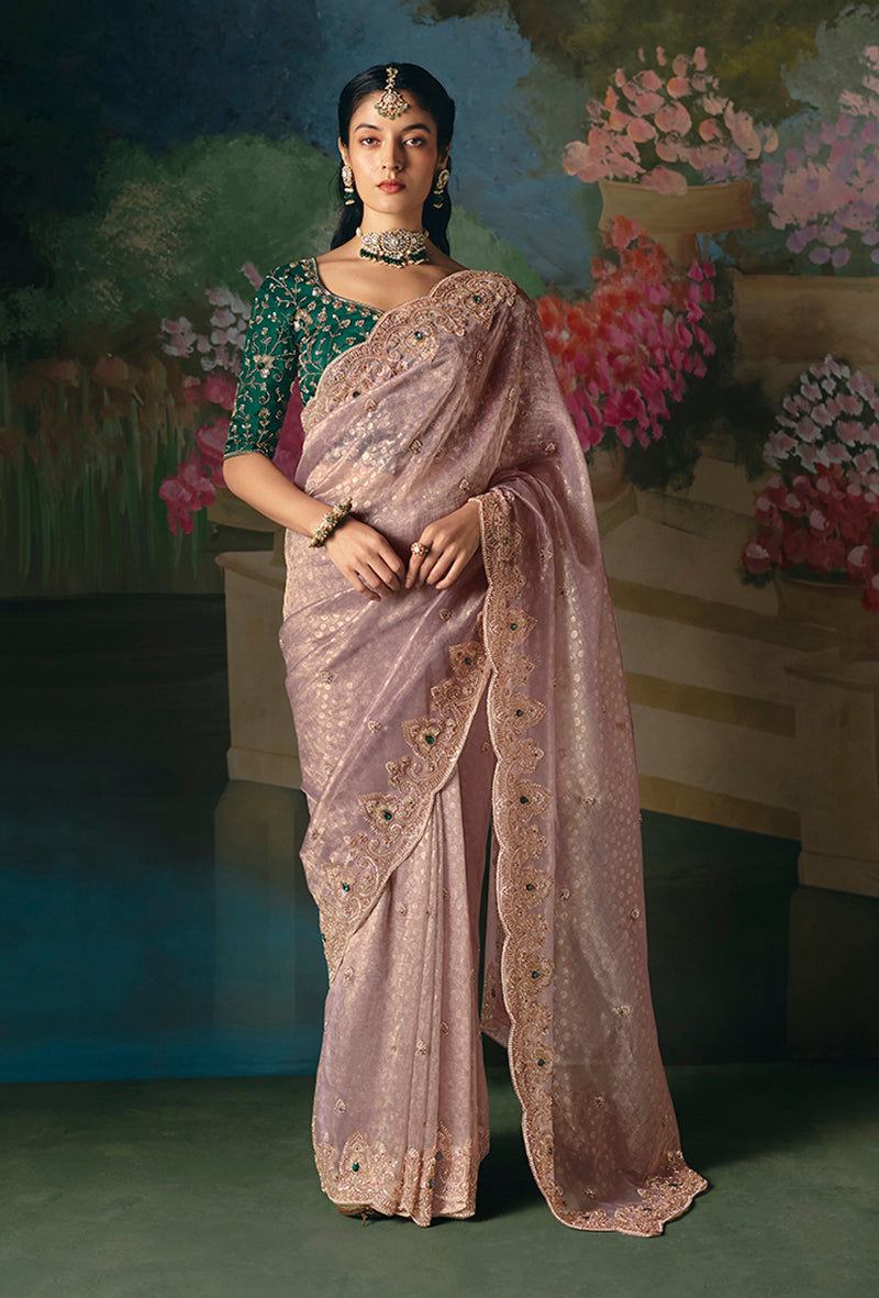 Monjolika Fashion Fancy Fabric Embroidered Saree in Dusty Pink - Distacart