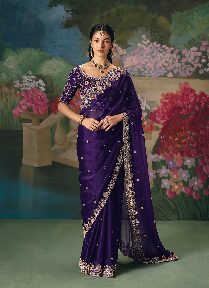 Monjolika Fashion Fancy Fabric Embroidered Saree in Purple - Distacart