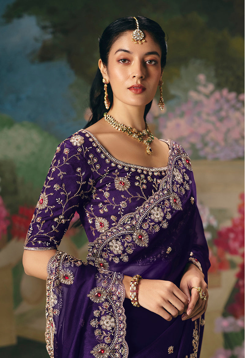 Monjolika Fashion Fancy Fabric Embroidered Saree in Purple - Distacart