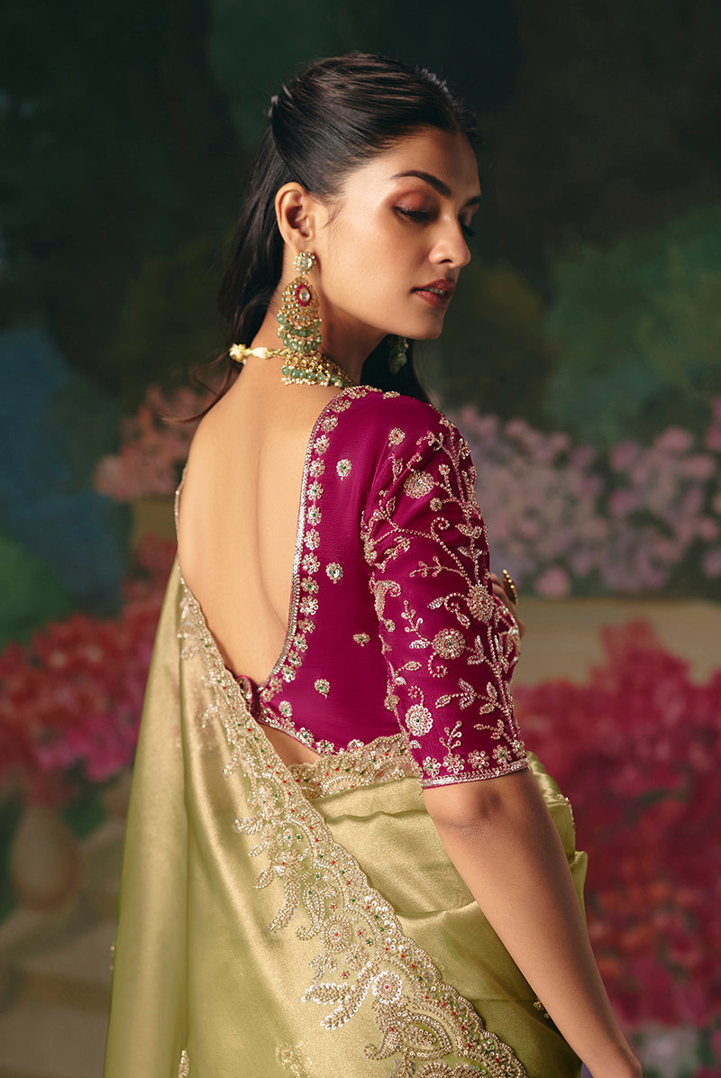 Monjolika Fashion Fancy Fabric Embroidered Saree in Pista Green - Distacart