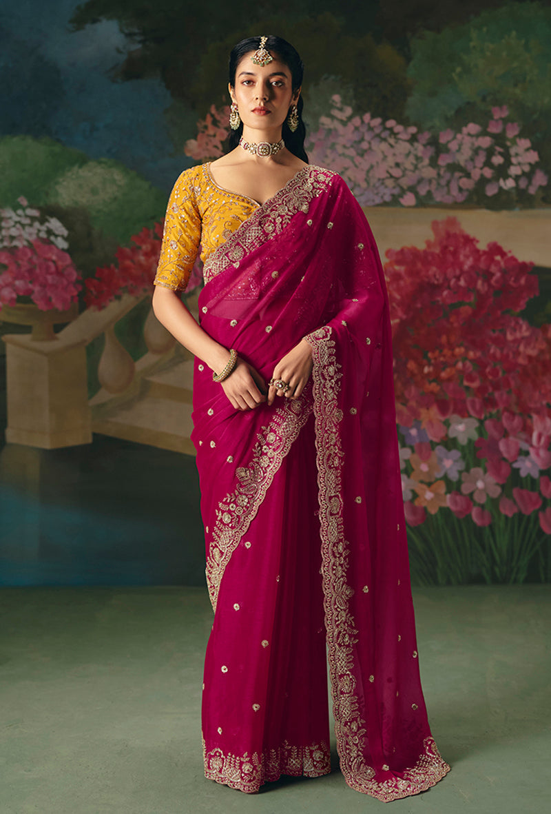 Monjolika Fashion Fancy Fabric Embroidered Saree in Rani Pink - Distacart