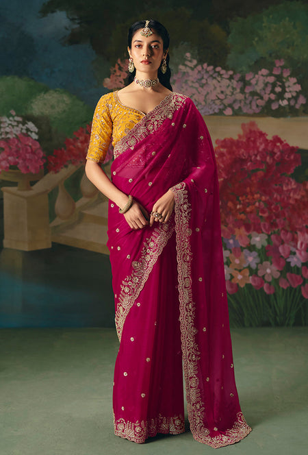 Monjolika Fashion Fancy Fabric Embroidered Saree in Rani Pink