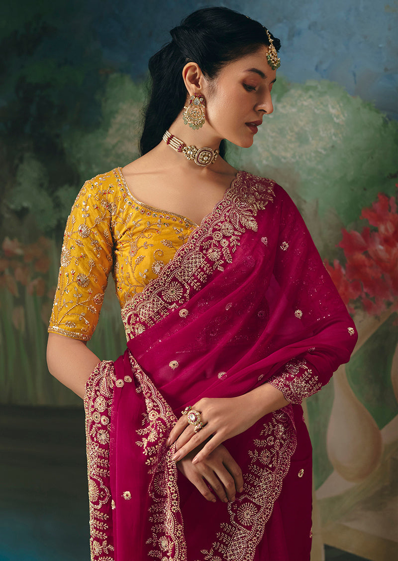 Monjolika Fashion Fancy Fabric Embroidered Saree in Rani Pink - Distacart