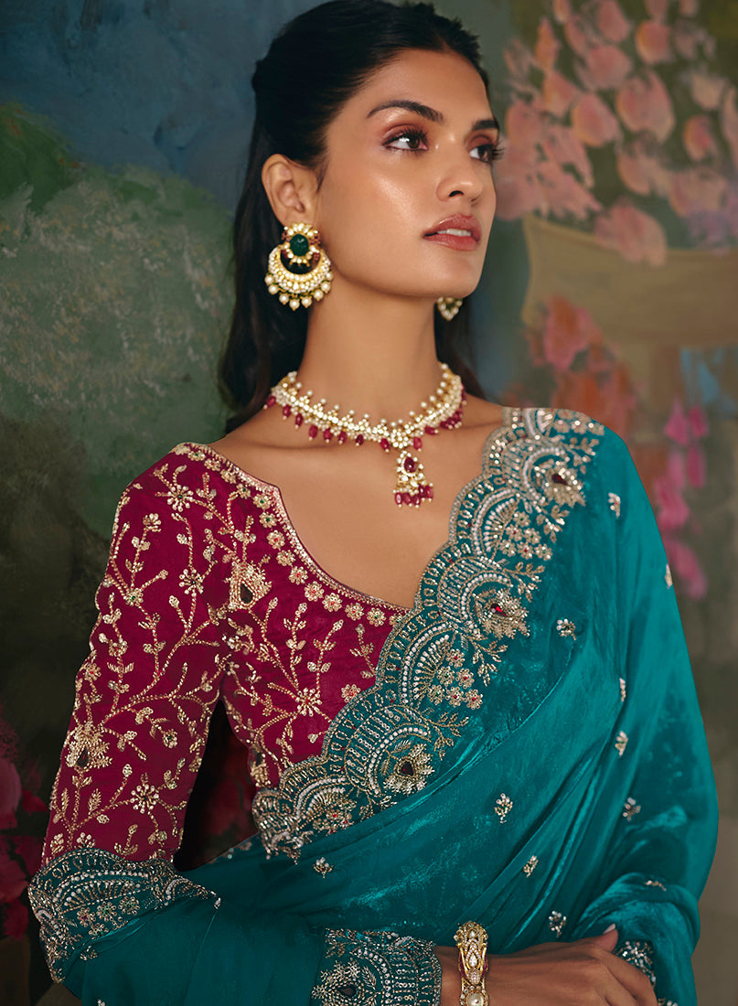 Monjolika Fashion Fancy Fabric Embroidered Saree in Aqua Blue - Distacart