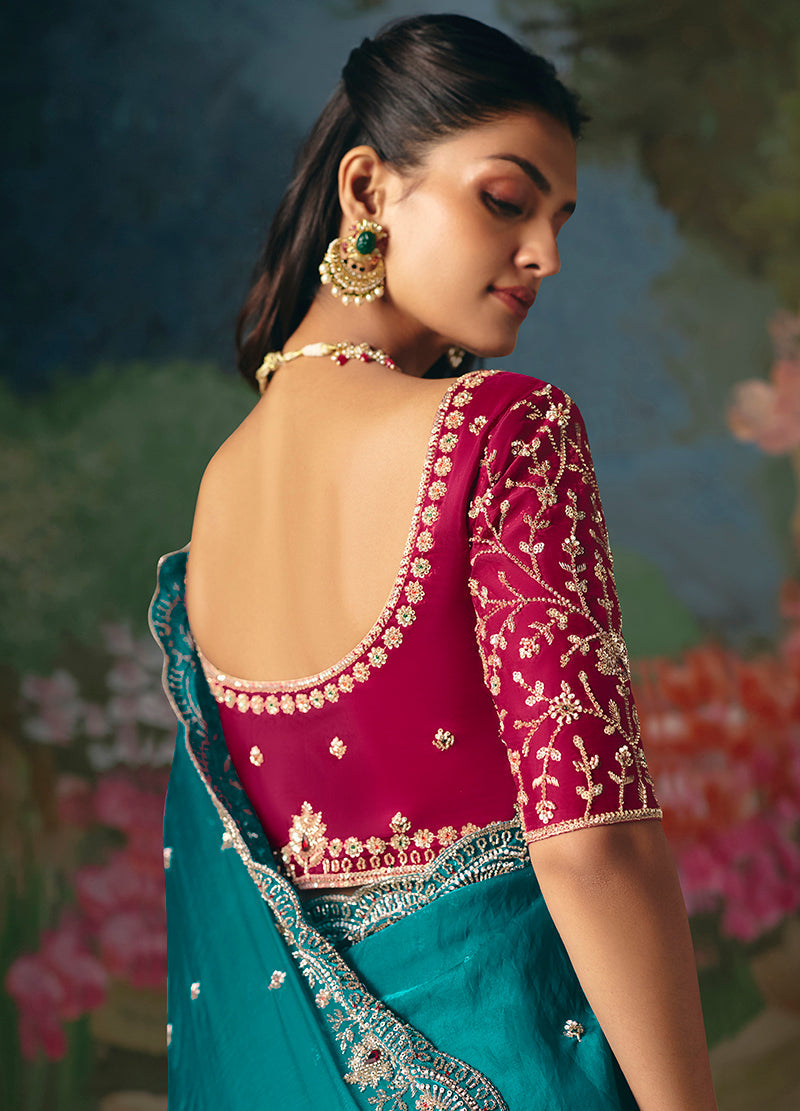 Monjolika Fashion Fancy Fabric Embroidered Saree in Aqua Blue - Distacart