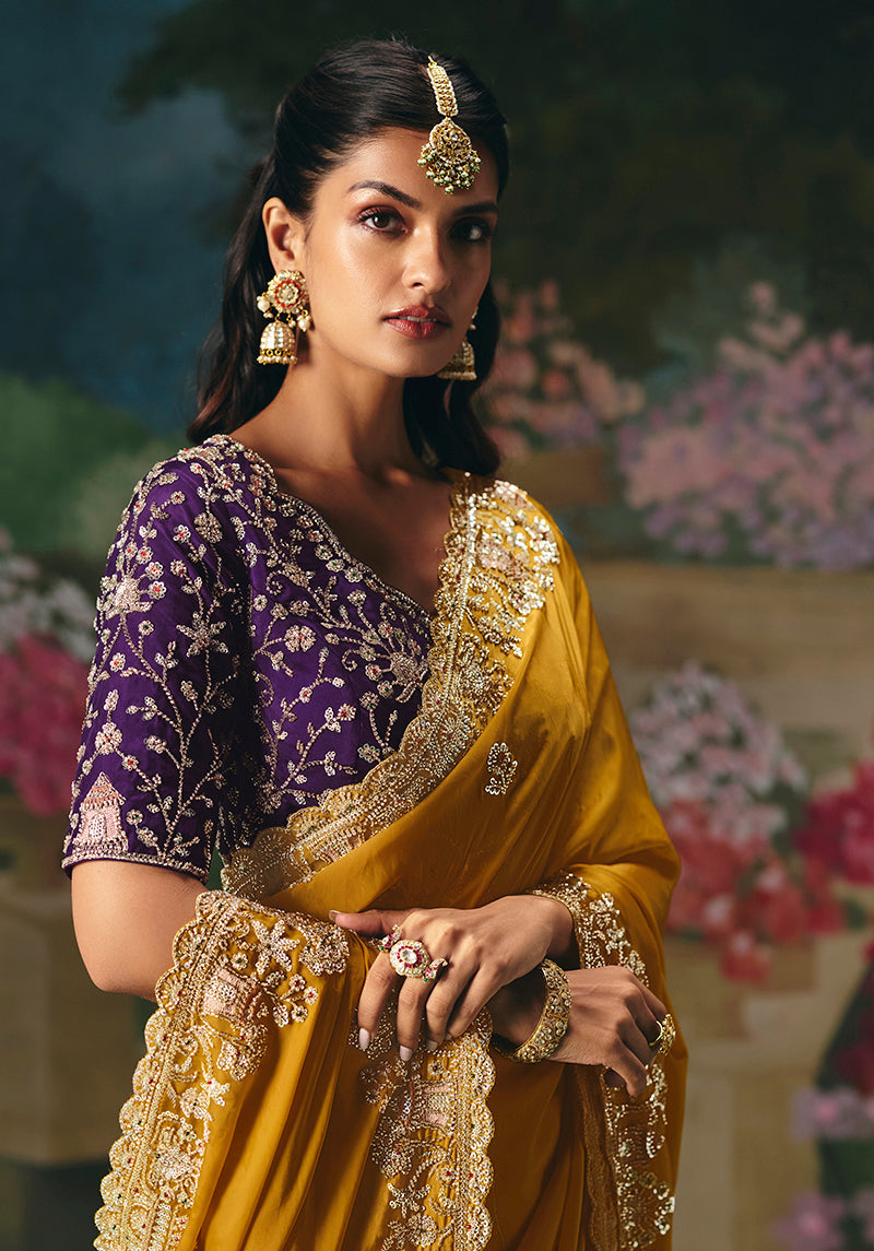 Monjolika Fashion Fancy Fabric Embroidered Saree in Mustard - Distacart