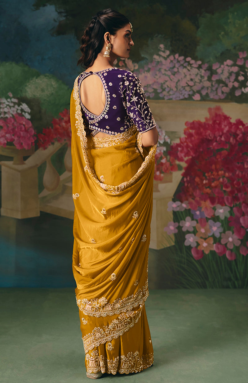 Monjolika Fashion Fancy Fabric Embroidered Saree in Mustard - Distacart