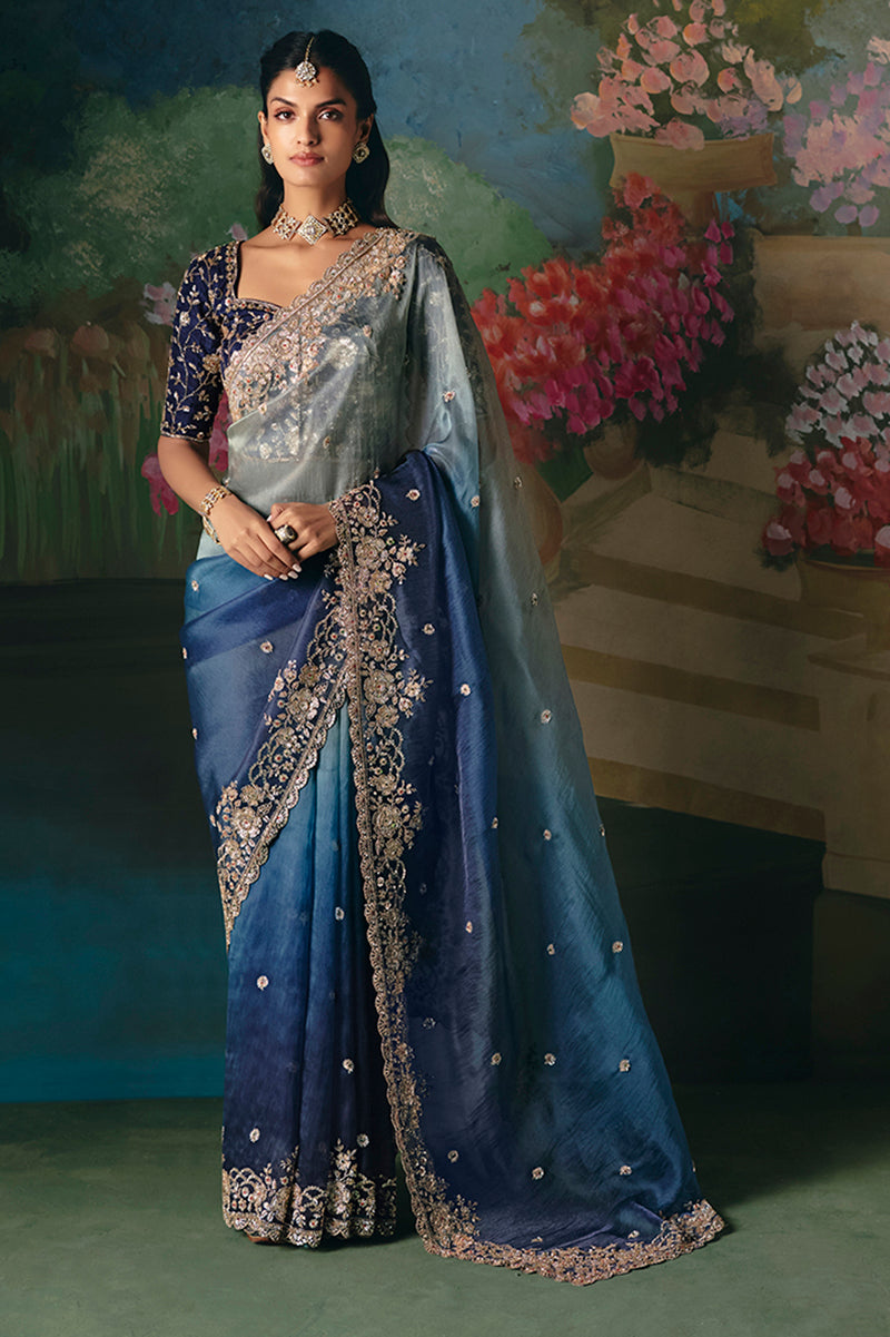 Monjolika Fashion Fancy Fabric Embroidered Saree in Blue - Distacart
