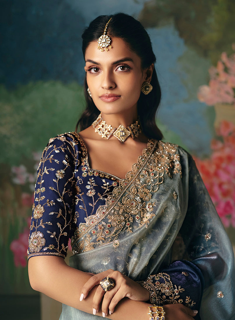 Monjolika Fashion Fancy Fabric Embroidered Saree in Blue - Distacart