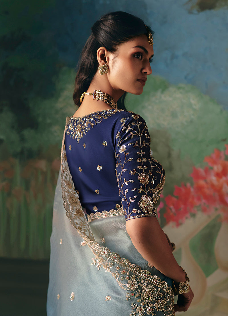 Monjolika Fashion Fancy Fabric Embroidered Saree in Blue - Distacart