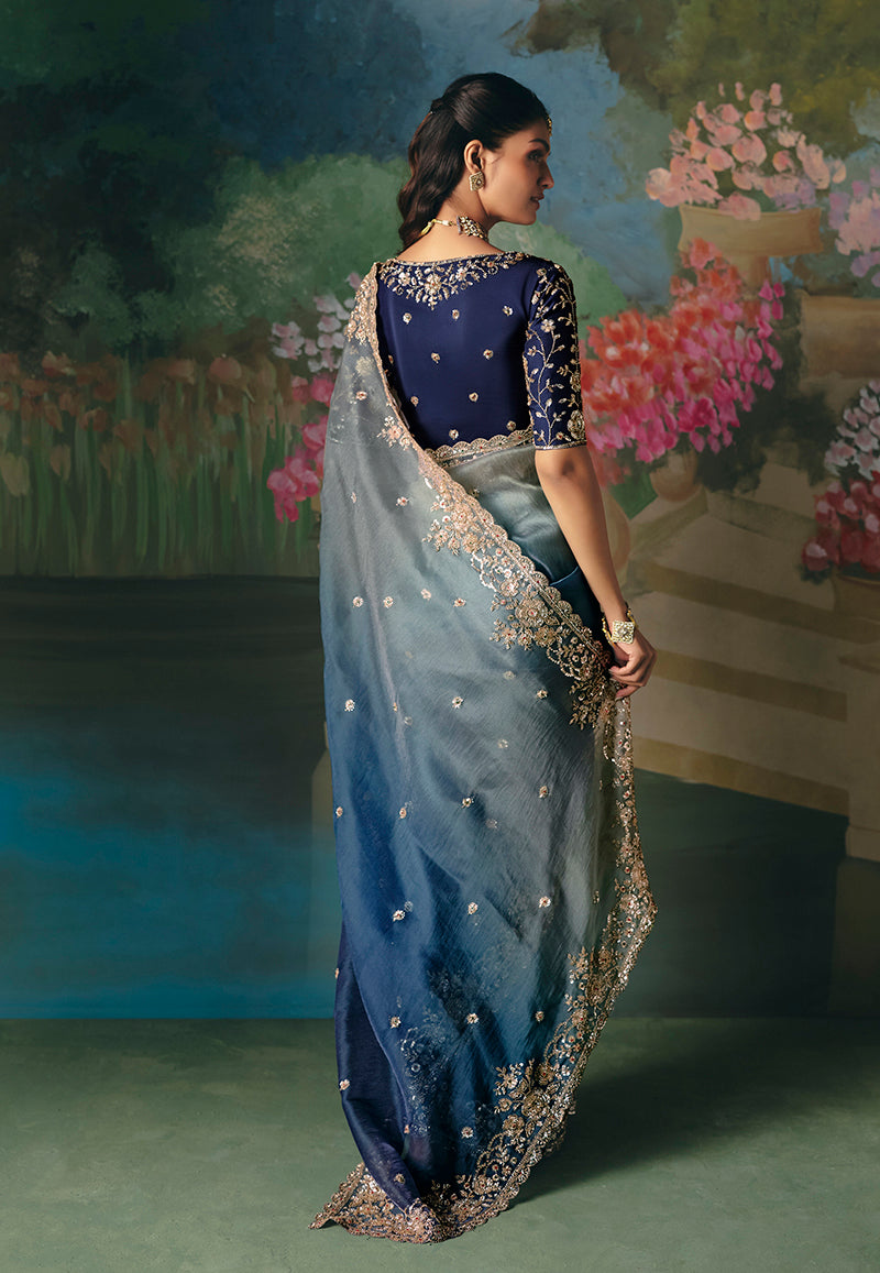 Monjolika Fashion Fancy Fabric Embroidered Saree in Blue - Distacart