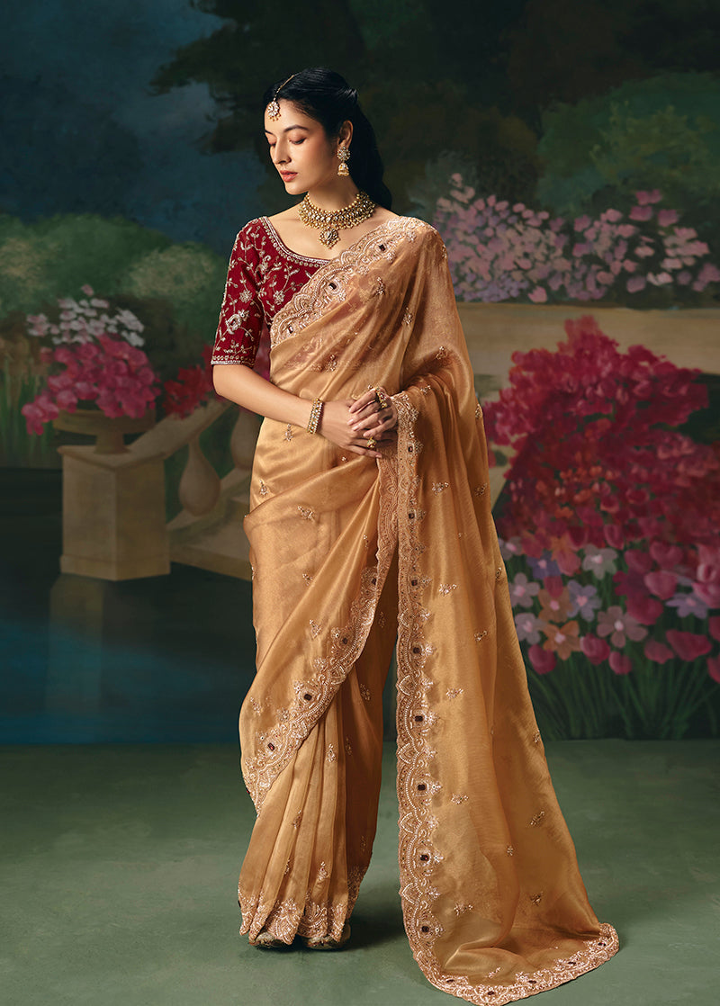 Monjolika Fashion Fancy Fabric Embroidered Saree in Peach - Distacart