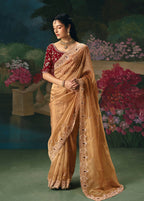 Monjolika Fashion Fancy Fabric Embroidered Saree in Peach - Distacart