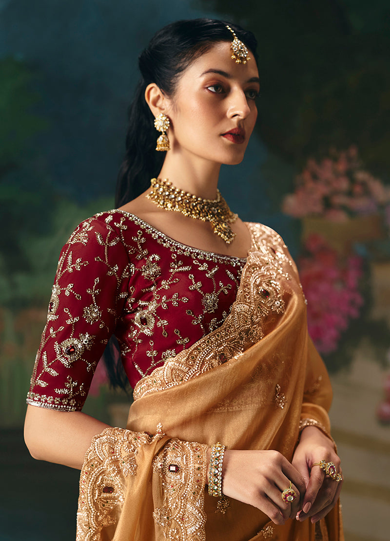 Monjolika Fashion Fancy Fabric Embroidered Saree in Peach - Distacart