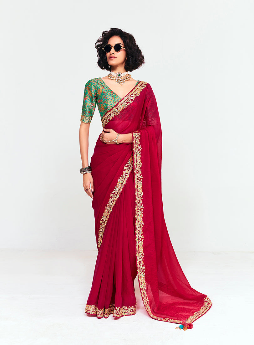 Monjolika Fashion Fancy Fabric Embroidered Crimson Red Saree