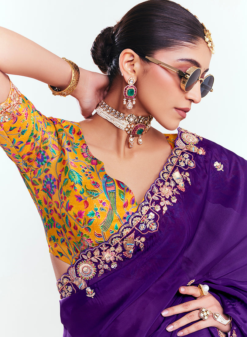 Monjolika Fashion Fancy Fabric Embroidered Purple Saree