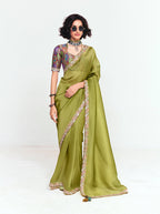 Monjolika Fashion Fancy Fabric Embroidered Olive Green Saree