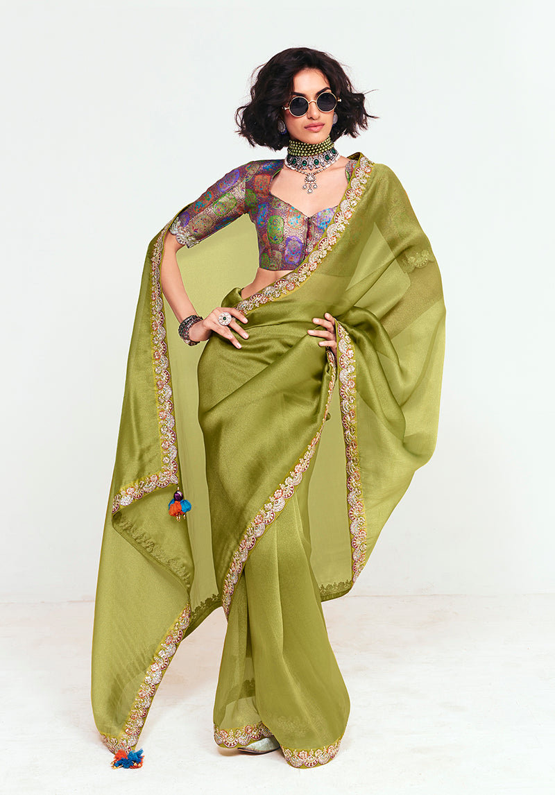 Monjolika Fashion Fancy Fabric Embroidered Olive Green Saree