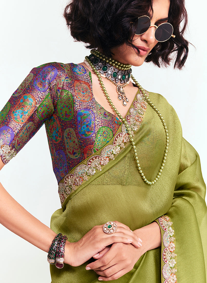 Monjolika Fashion Fancy Fabric Embroidered Olive Green Saree