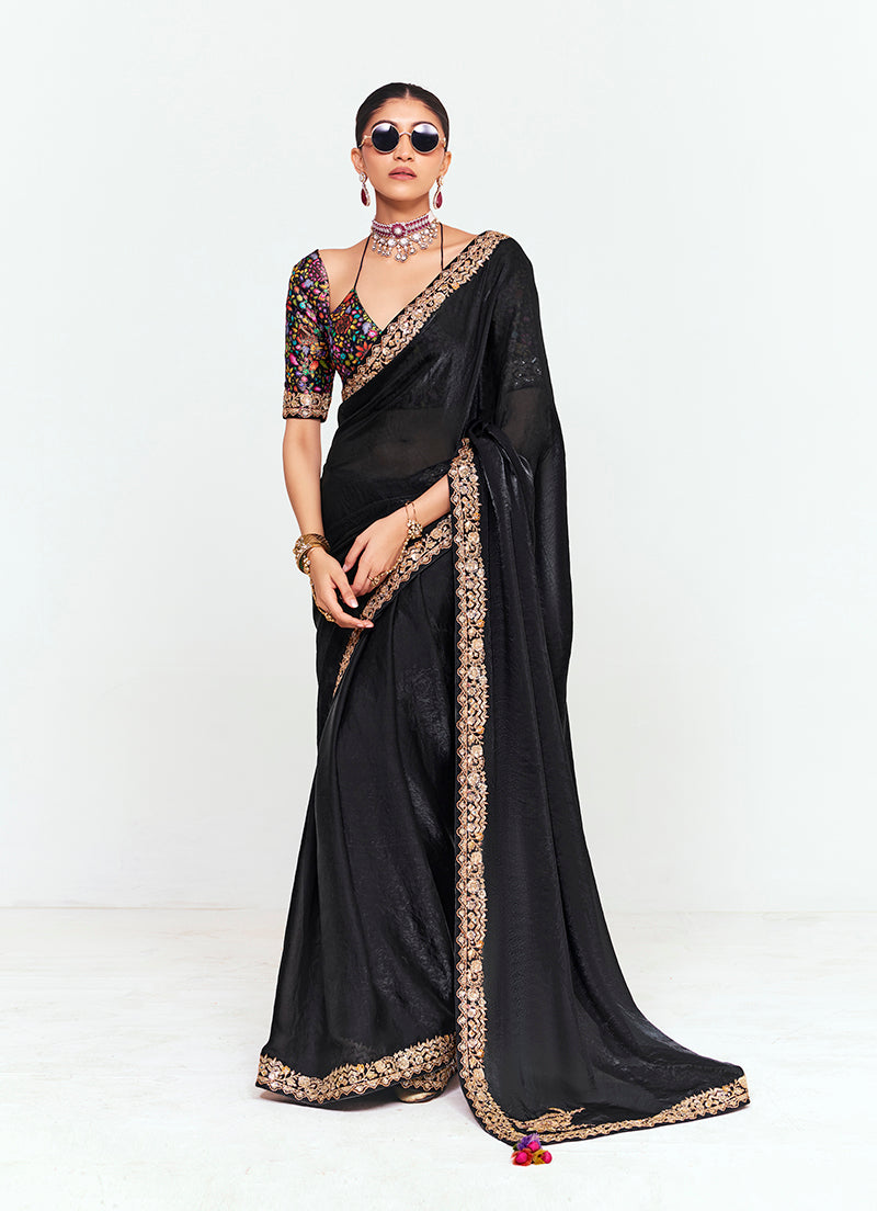 Monjolika Fashion Fancy Fabric Embroidered Black Saree