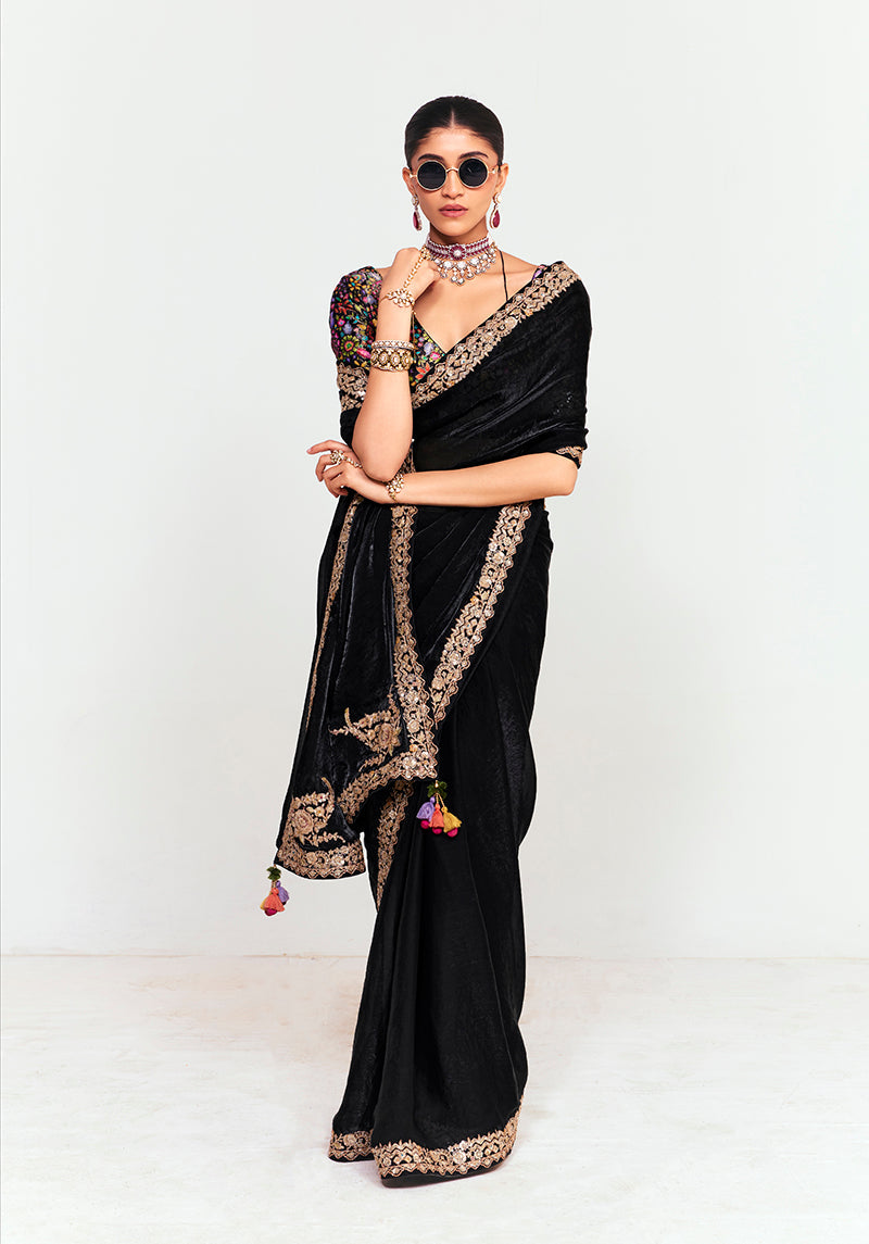 Monjolika Fashion Fancy Fabric Embroidered Black Saree