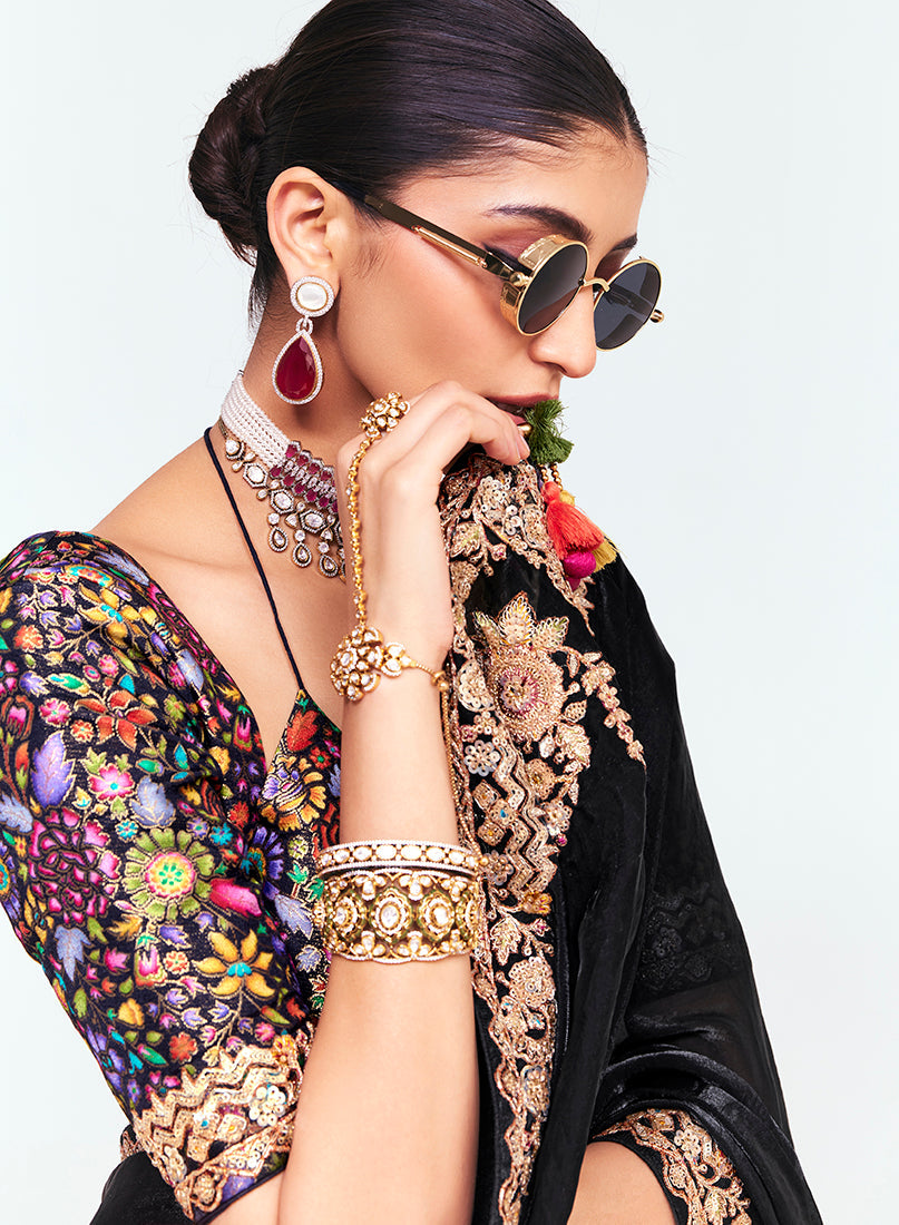 Monjolika Fashion Fancy Fabric Embroidered Black Saree
