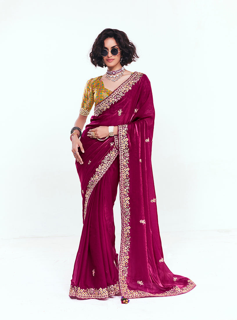 Monjolika Fashion Fancy Fabric Embroidered Rani Pink Saree