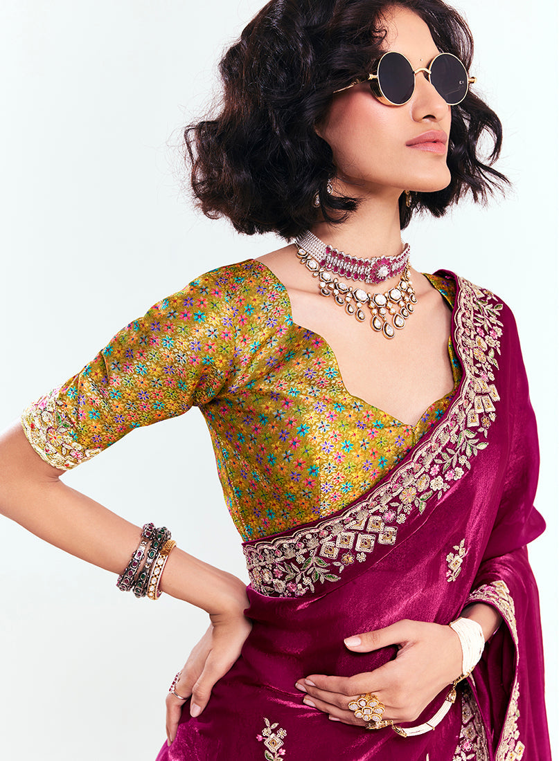 Monjolika Fashion Fancy Fabric Embroidered Rani Pink Saree