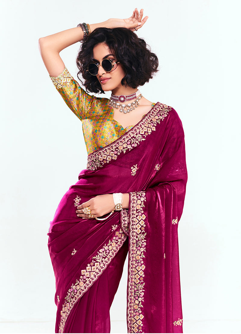 Monjolika Fashion Fancy Fabric Embroidered Rani Pink Saree