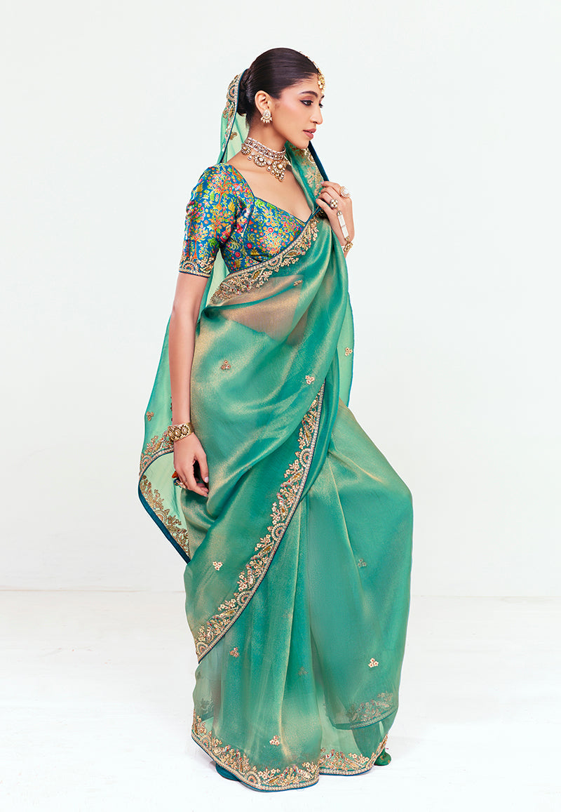 Monjolika Fashion Fancy Fabric Embroidered Sea Green Saree - Distacart