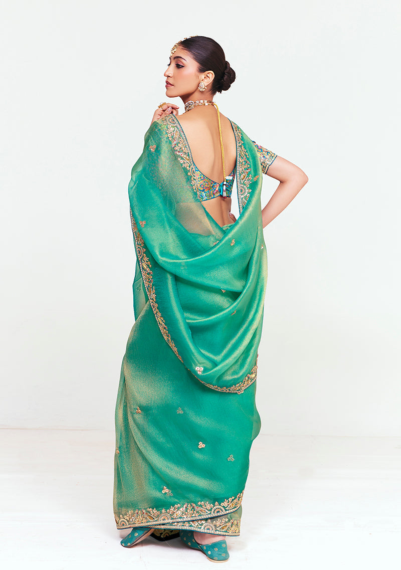 Monjolika Fashion Fancy Fabric Embroidered Sea Green Saree - Distacart