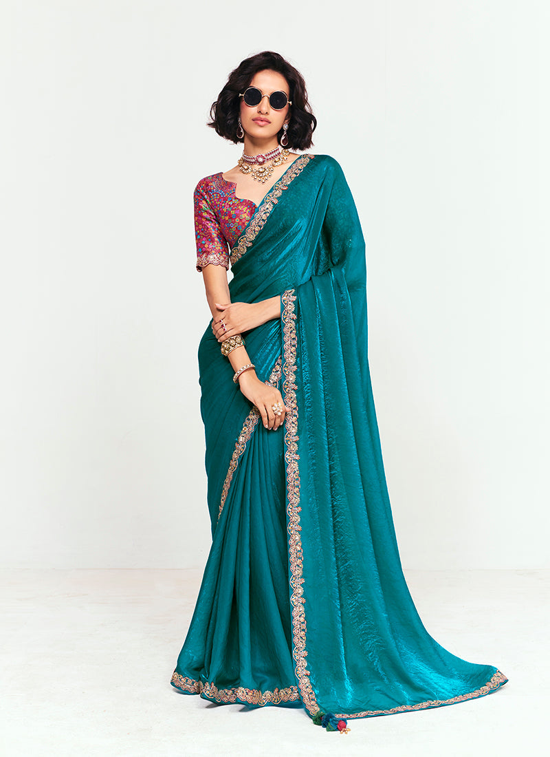 Monjolika Fashion Fancy Fabric Embroidered Teal Saree