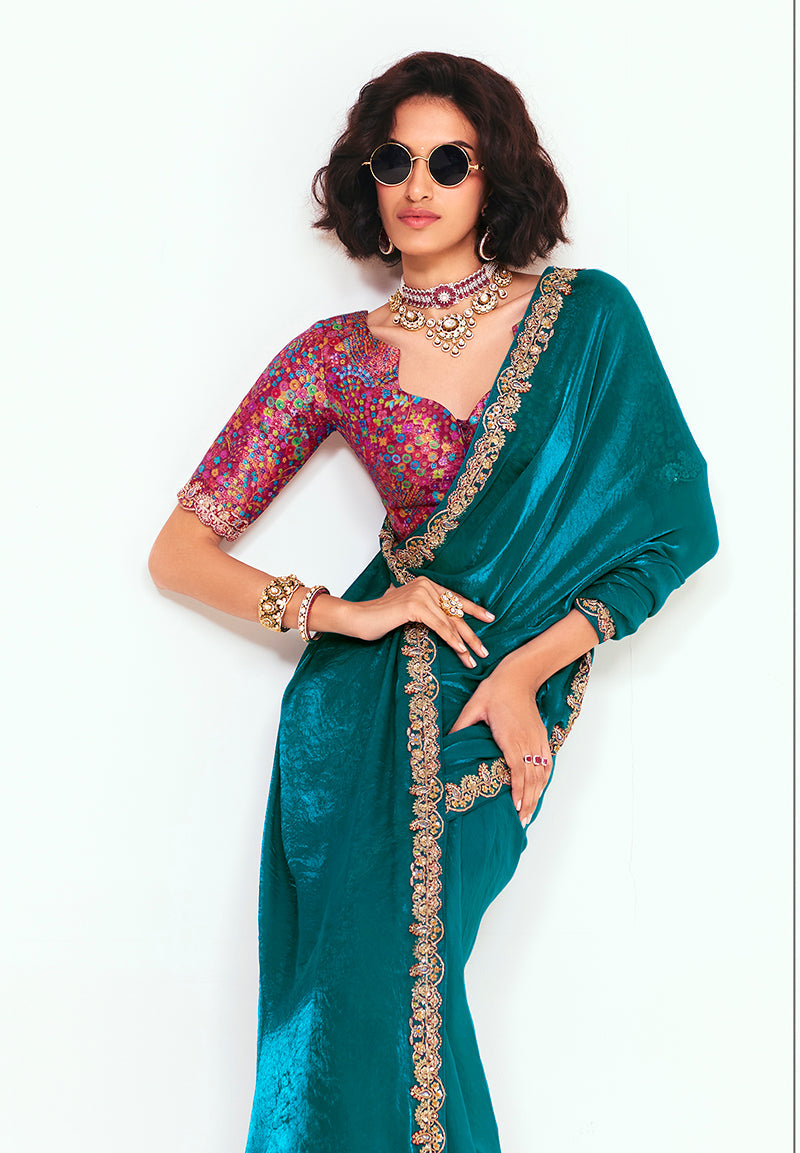 Monjolika Fashion Fancy Fabric Embroidered Teal Saree
