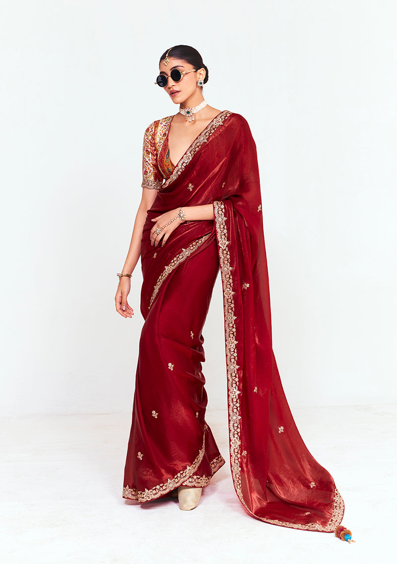 Monjolika Fashion Fancy Fabric Embroidered Maroon Saree
